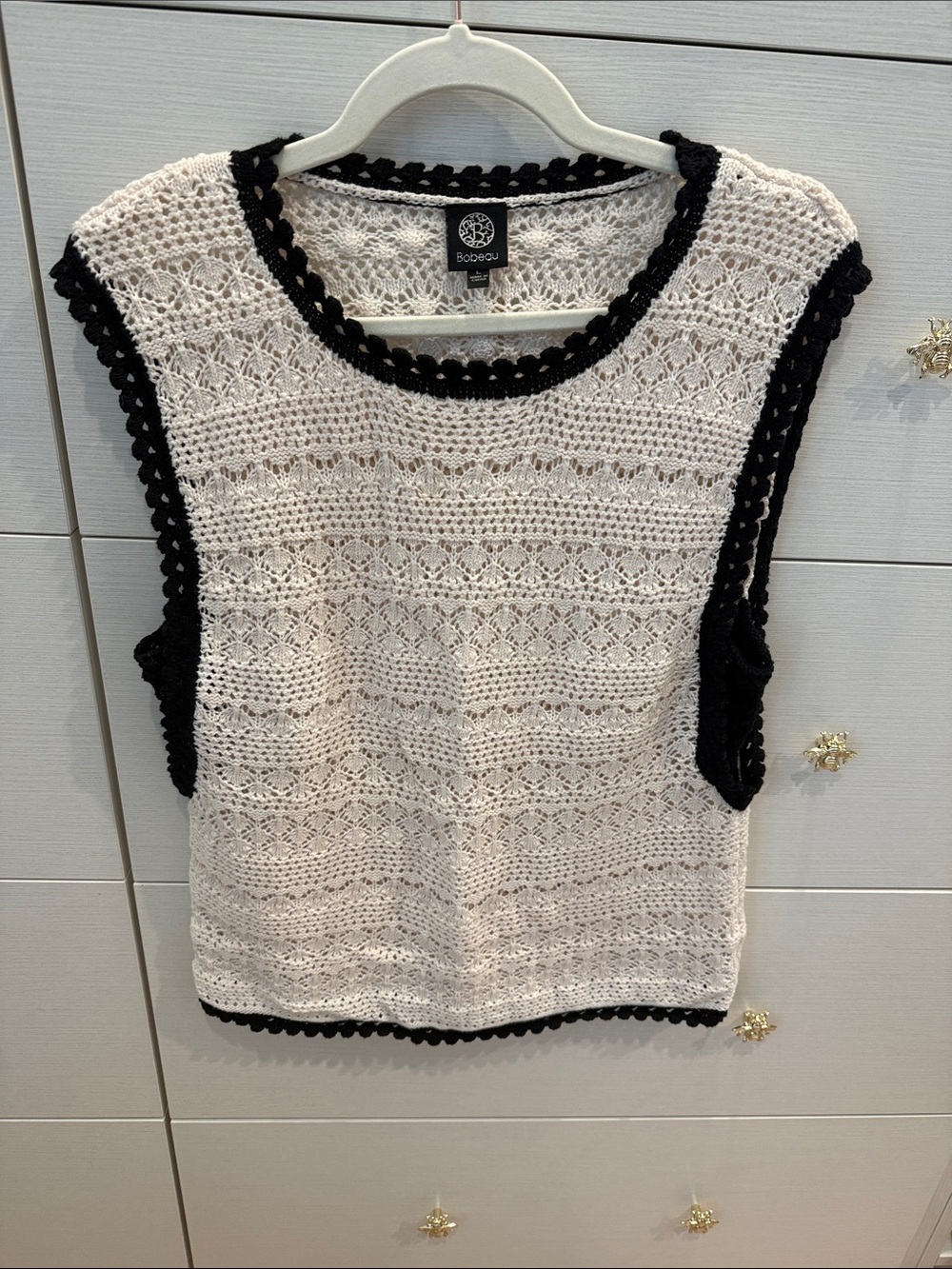 bobeau Crochet Knit Sleeveless Tank - Cream with Black Trim
